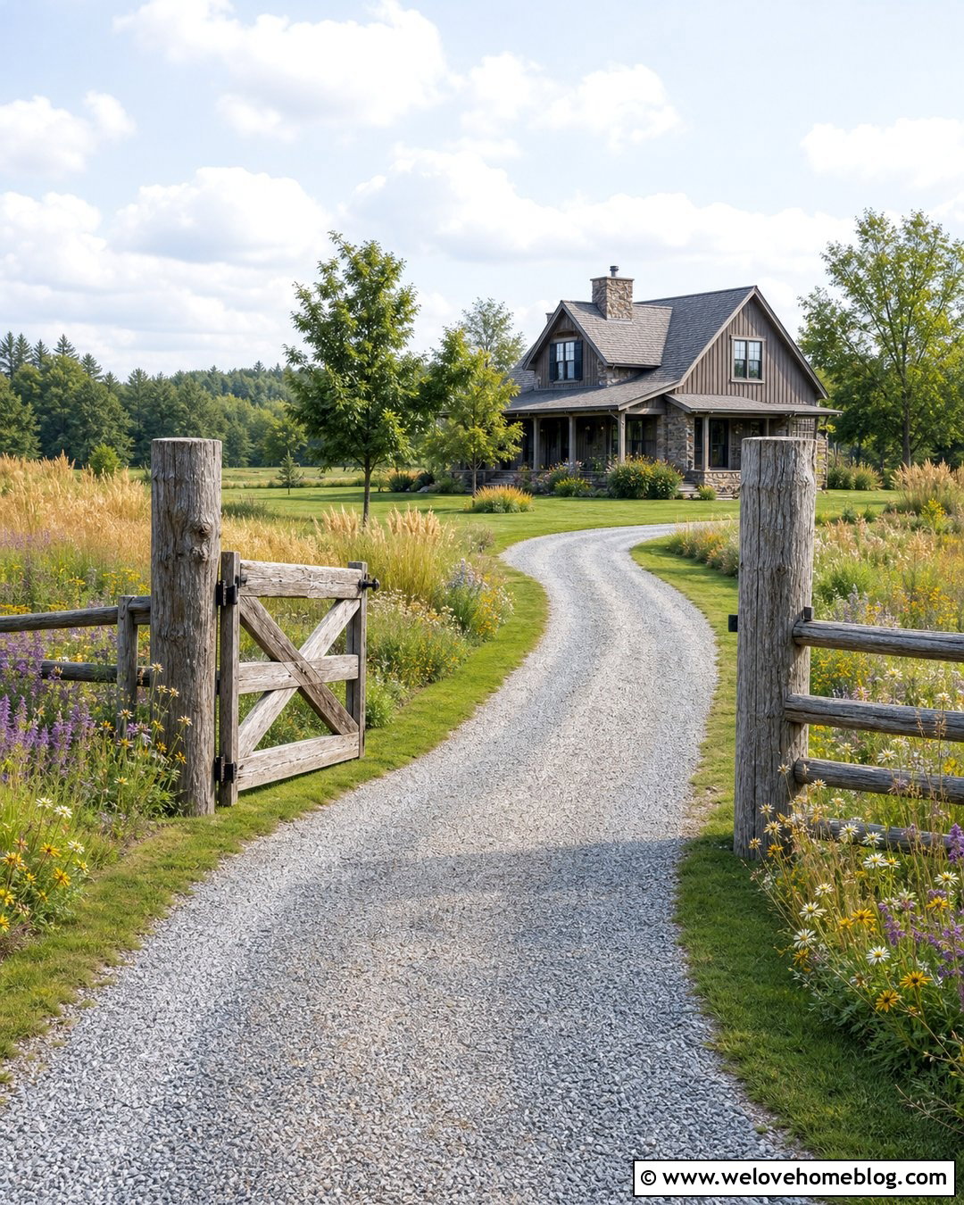 Country Driveway With Wooden Gate And Wildflowers - 40 Country Driveway Entry Landscaping Ideas