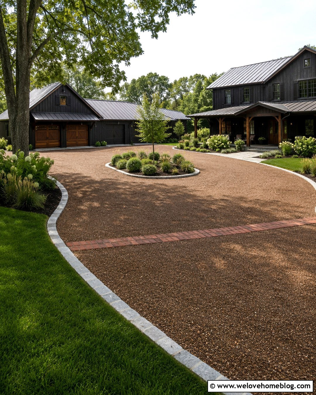 Country Driveway With a Barn Style Garage Court - 20 Country Home Driveway Ideas