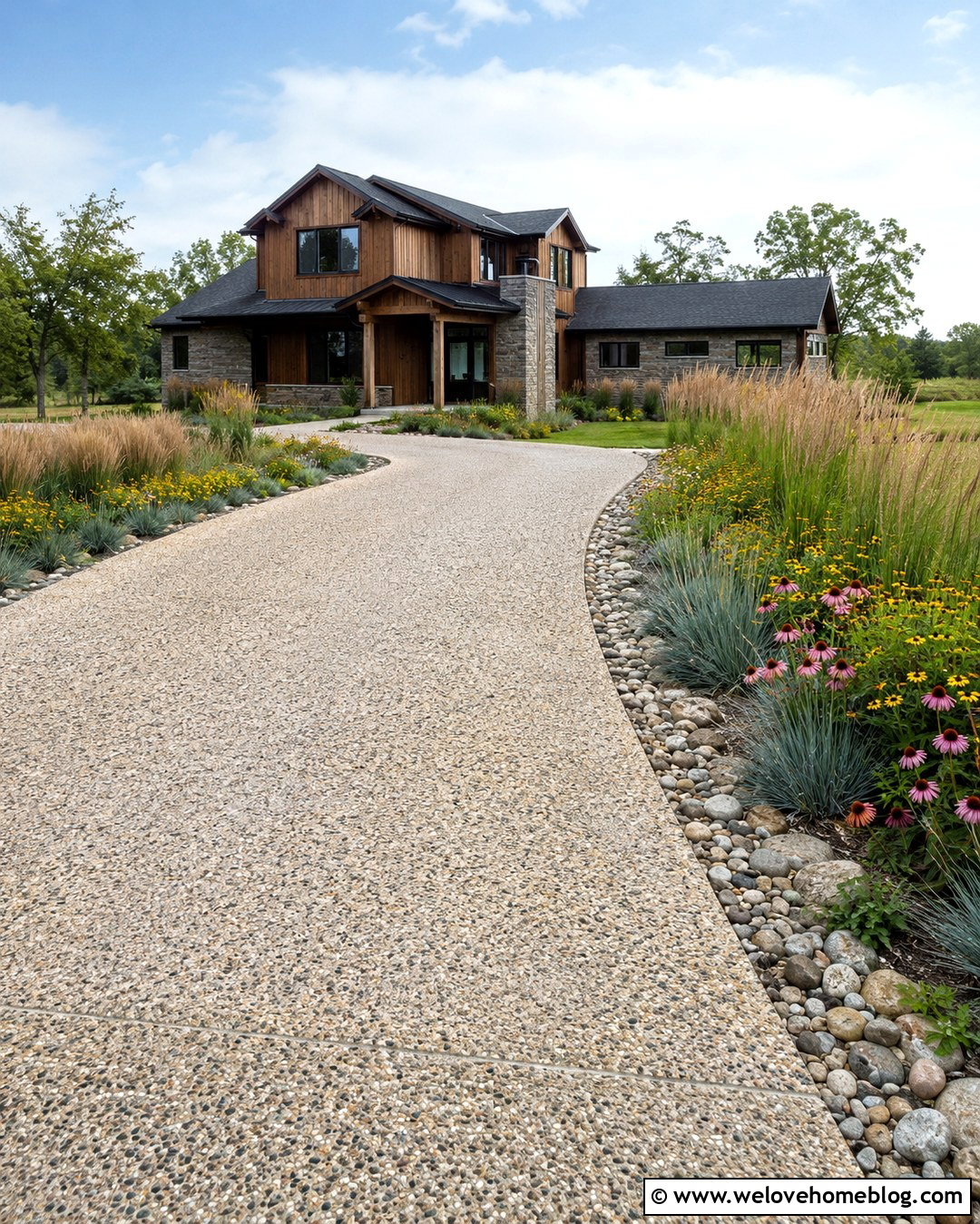 Country Exposed Aggregate Driveway With Prairie Planting - 20 country driveway landscaping ideas