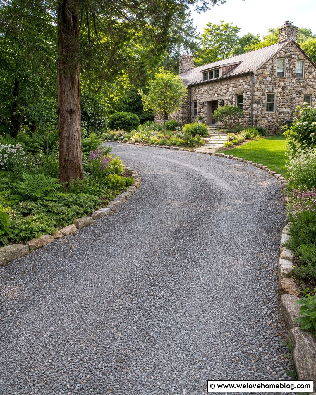 Country Gravel Driveway With Fieldstone Edging - 20 Edge Gravel Driveway Ideas