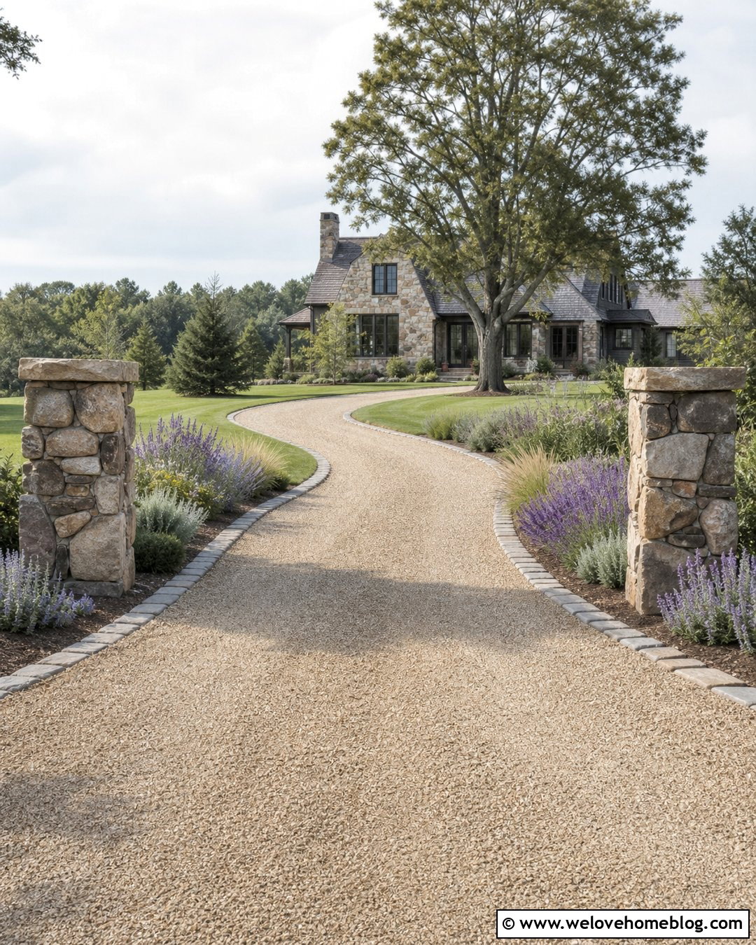 Country Gravel Driveway With Stone Pillars - 40 Country Driveway Entry Landscaping Ideas