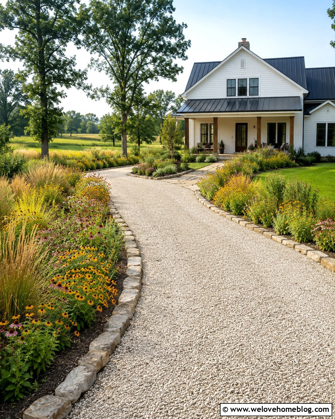 Country Gravel Driveway With Wildflower Borders - 20 Country Driveway Landscape Ideas
