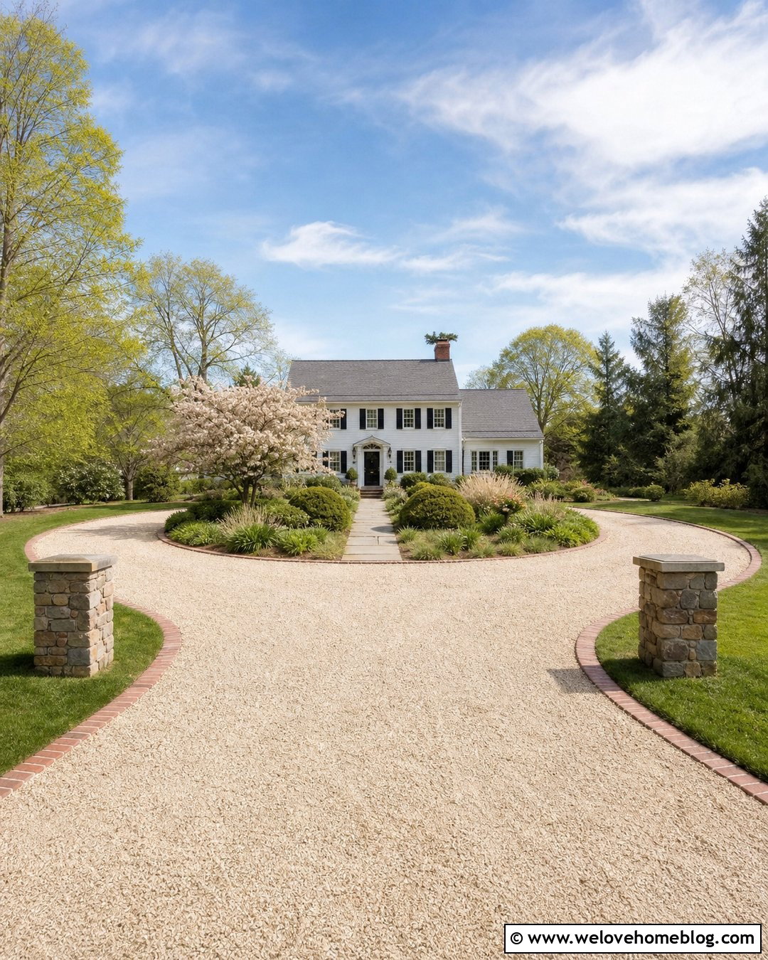 Country Horseshoe Driveway With A Garden Island - 30 country driveway ideas