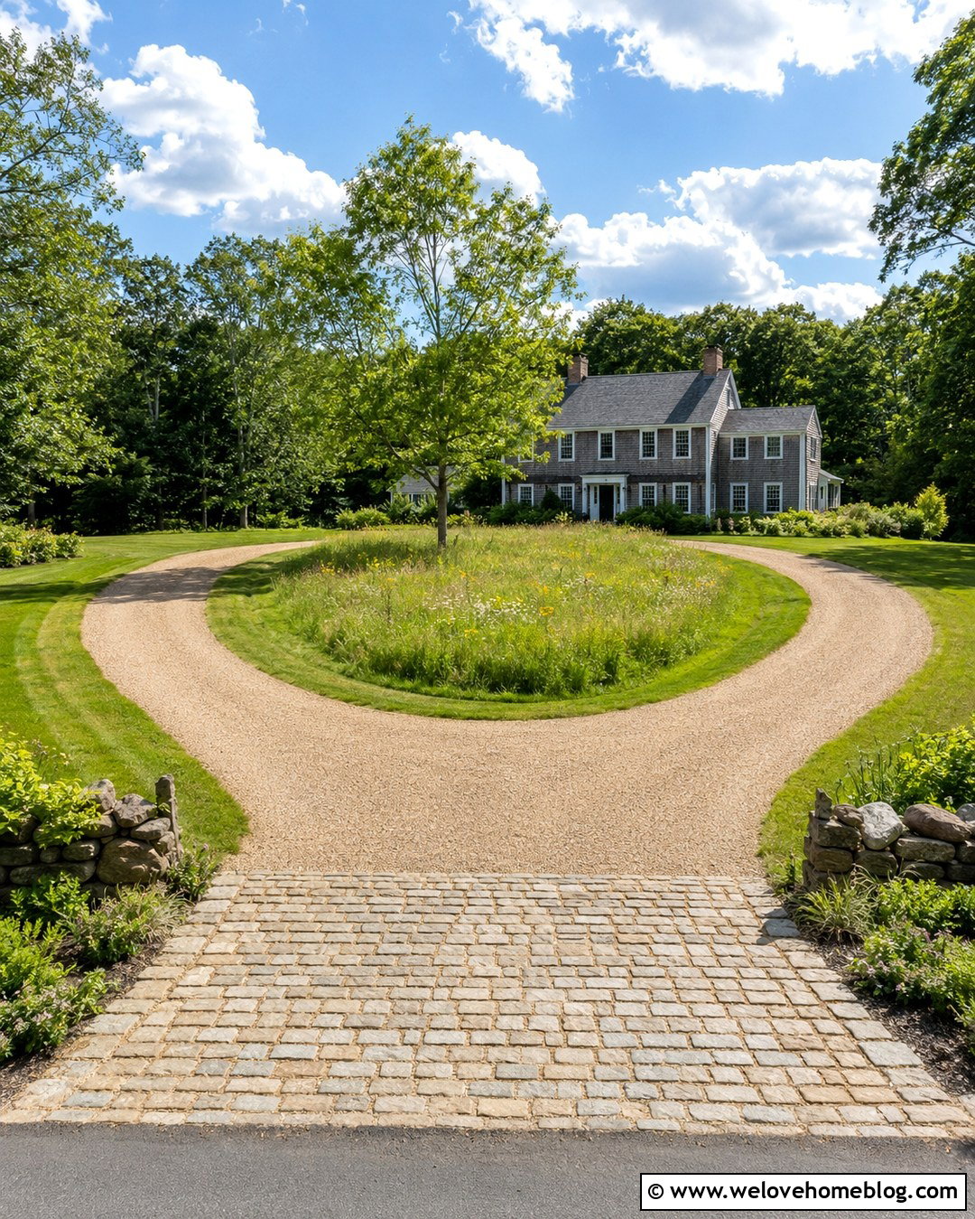 Country Horseshoe Driveway With Meadow Landscaping - 20 Country Driveway Landscape Ideas
