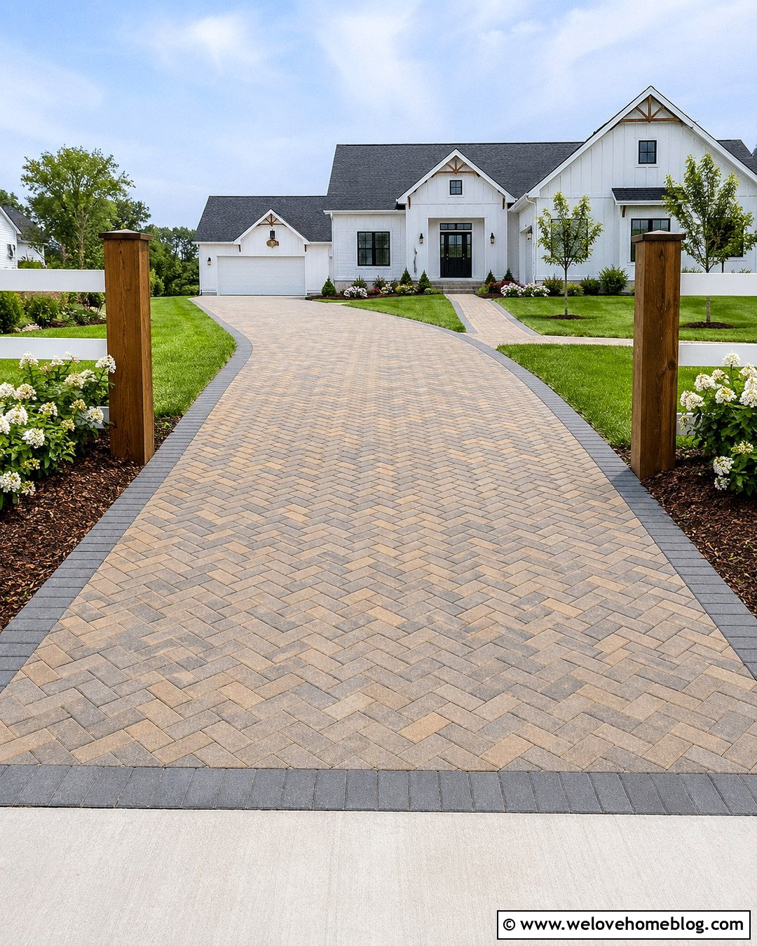 Country Paver Driveway With a Farmhouse Entrance - 20 Country Home Driveway Ideas