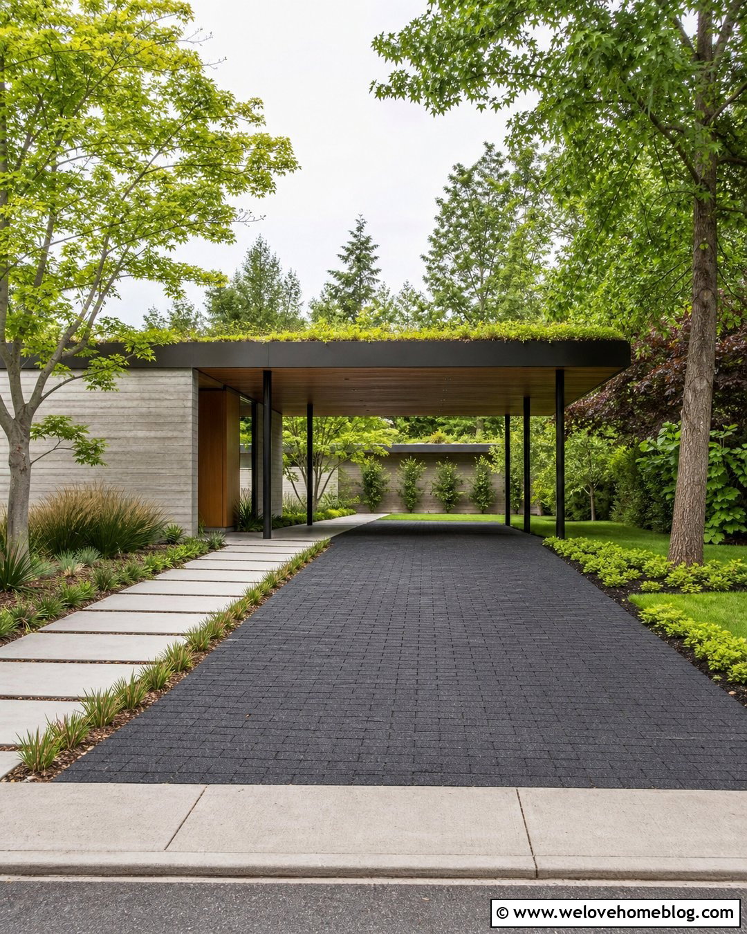 Covered Driveway With Green Roof - 30 Covered Driveway Ideas