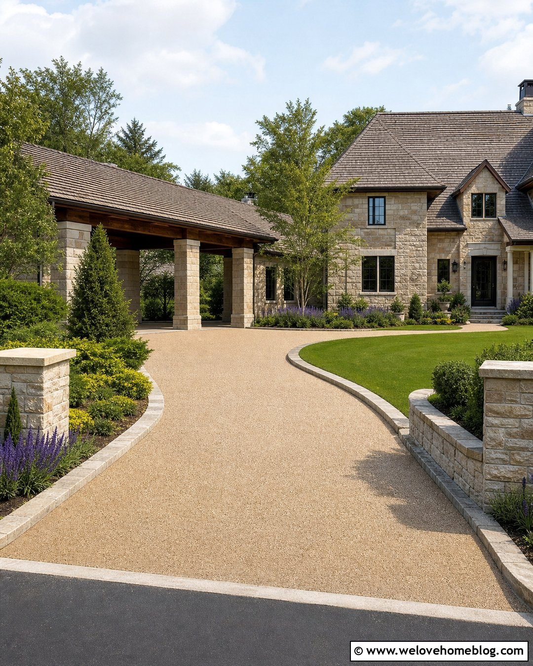 Covered Driveway With Stone Columns - 30 Covered Driveway Ideas