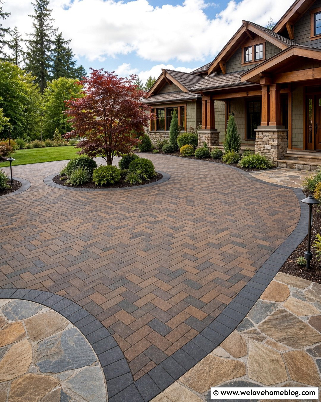 Craftsman Circular Driveway With Mixed Pavers - 45 Circular Driveway Ideas