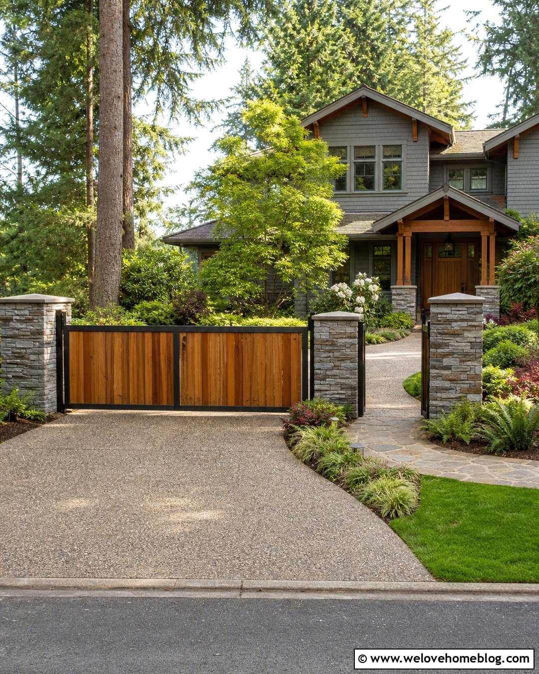 Craftsman Driveway Entrance With Cedar Gate - 25 House Driveway Entrance Ideas