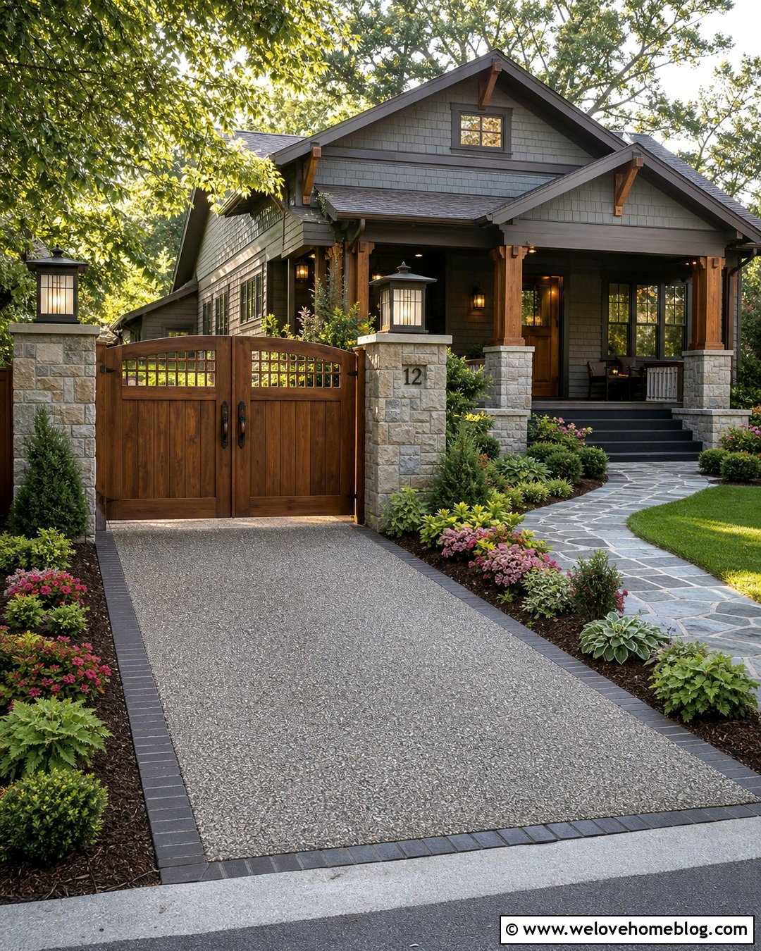 Craftsman Driveway Entrance With Stone And Wood - 20 Stylish Driveway Entrance Design Ideas