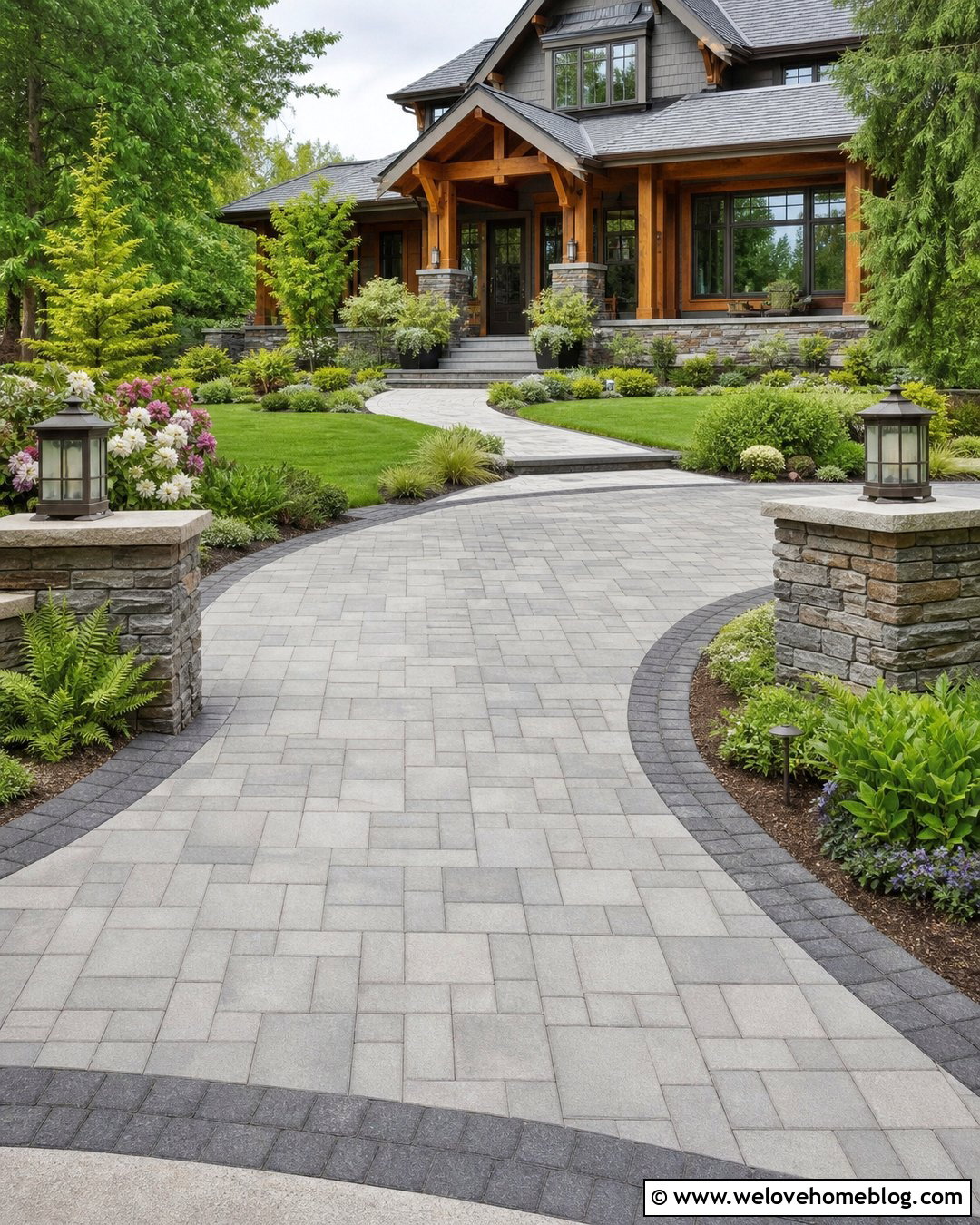 Craftsman Driveway Entrance With Stone Walls - 20 Entryway Driveway Ideas