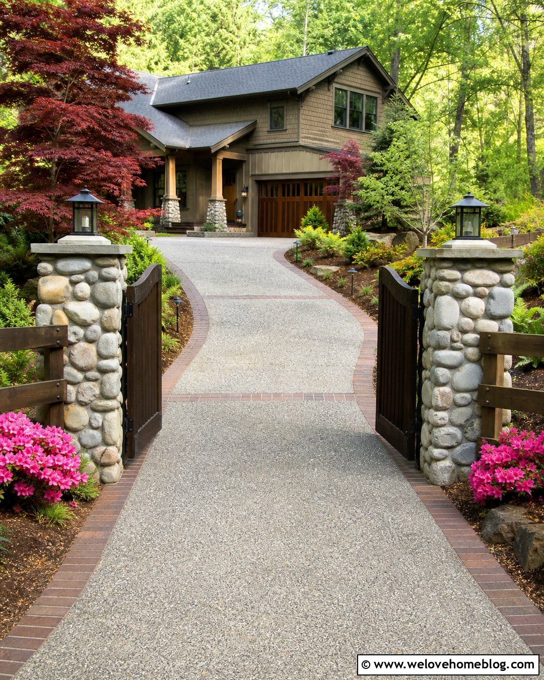 Craftsman Driveway Gate With River Rock Pillars - 35 Front Gate Entrance Driveway Ideas