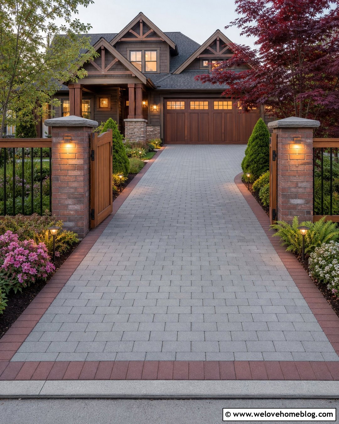 Craftsman Driveway With Brick Pillars And Wood Garage Doors - 20 Driveway Front Yard Fence Gate Garage Doors Ideas