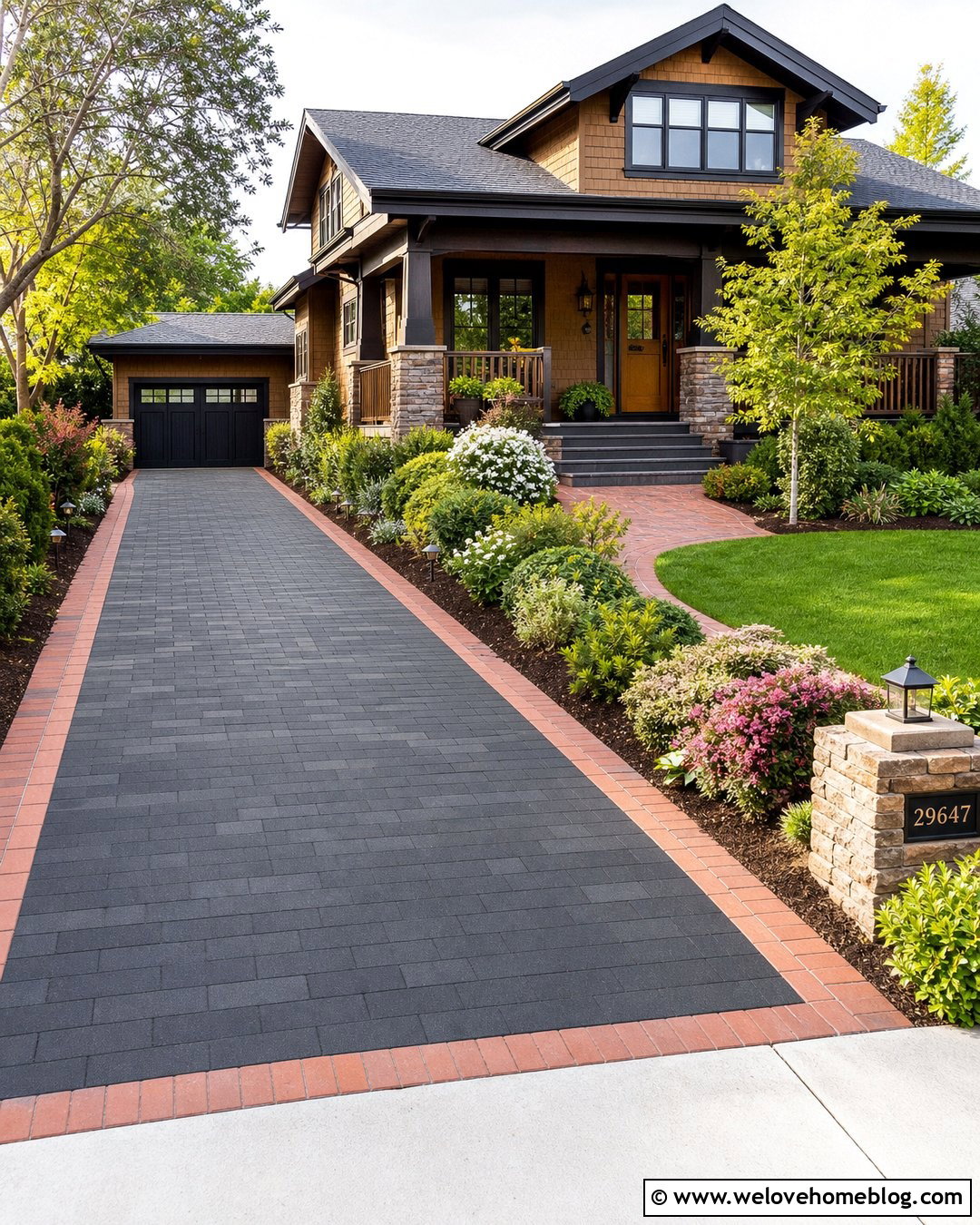 Craftsman Driveway With Layered Shrub Borders - 20 Sunlit Driveway Landscaping Ideas