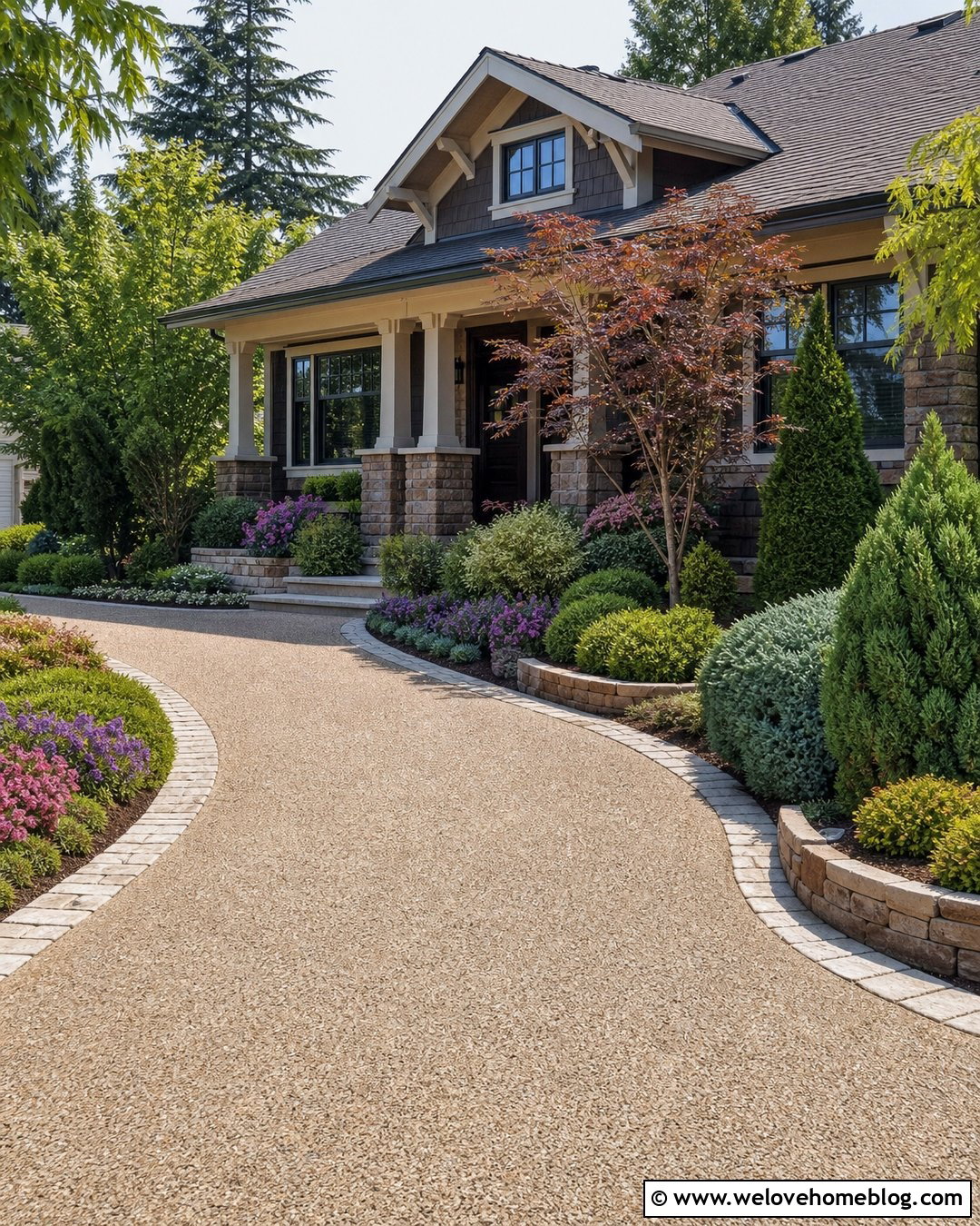 Craftsman Driveway With Layered Shrubs - 40 Front Driveway Landscaping Ideas