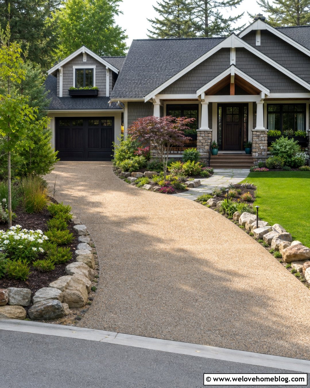 Craftsman Driveway With Natural Stone Borders - 40 landscaping along driveway ideas