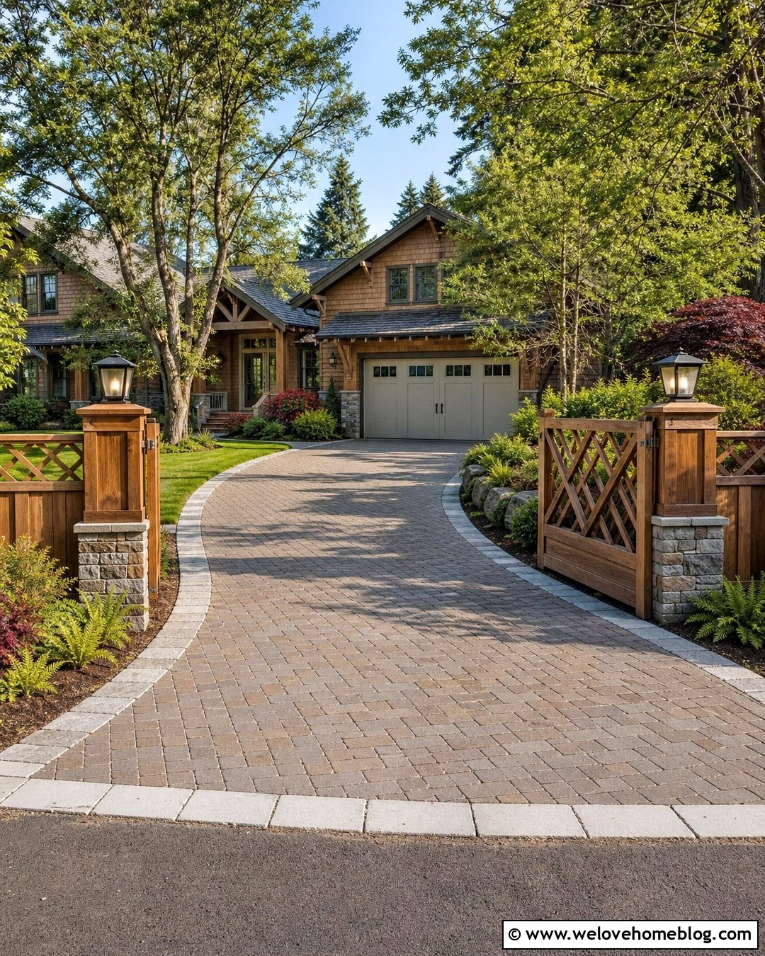 Craftsman Fence Driveway Entrance With Permeable Pavers