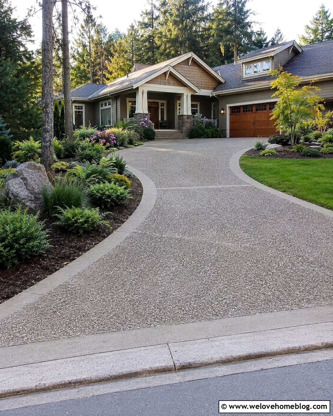 Craftsman Front Yard With Exposed Aggregate Driveway - 20 Front Yard With Driveway Ideas