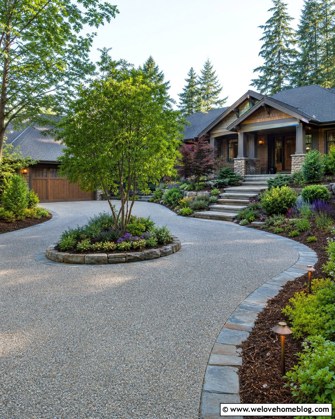 Craftsman Half Circle Driveway With Natural Stone Borders - 20 Front Yard Half Circle Driveway Ideas