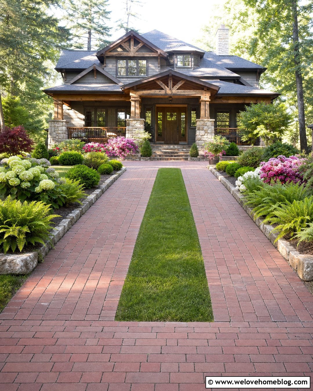 Craftsman Ribbon Driveway With Brick Pavers - 20 Ribbon Driveway Ideas