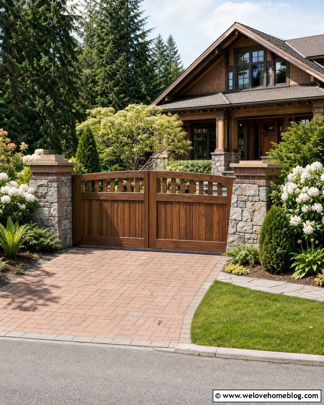 Craftsman Wood Gate With Masonry Pillars - 30 privacy gates driveway entrance ideas