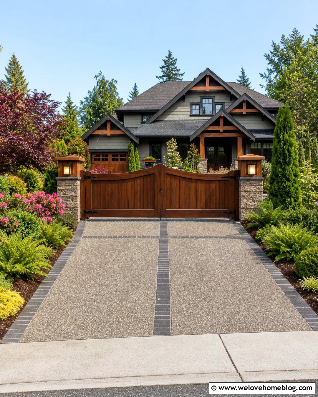 Craftsman Wooden Driveway Gate With Exposed Aggregate - 35 Wooden Driveway Gates Ideas