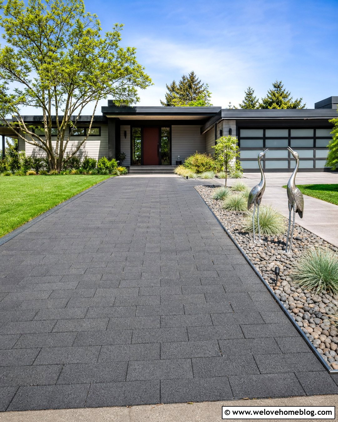 Crane Statues Beside a Modern Paver Driveway - 20 Driveway Statues Ideas
