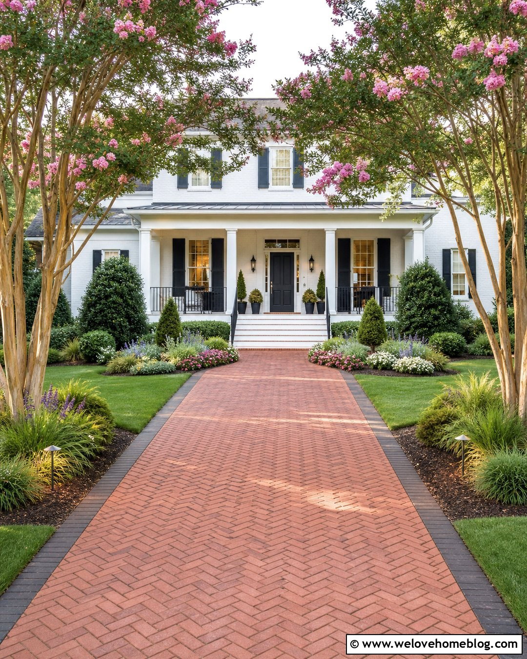 Crape Myrtle Tree Lined Brick Driveway - 40 Tree Lined Driveway Ideas