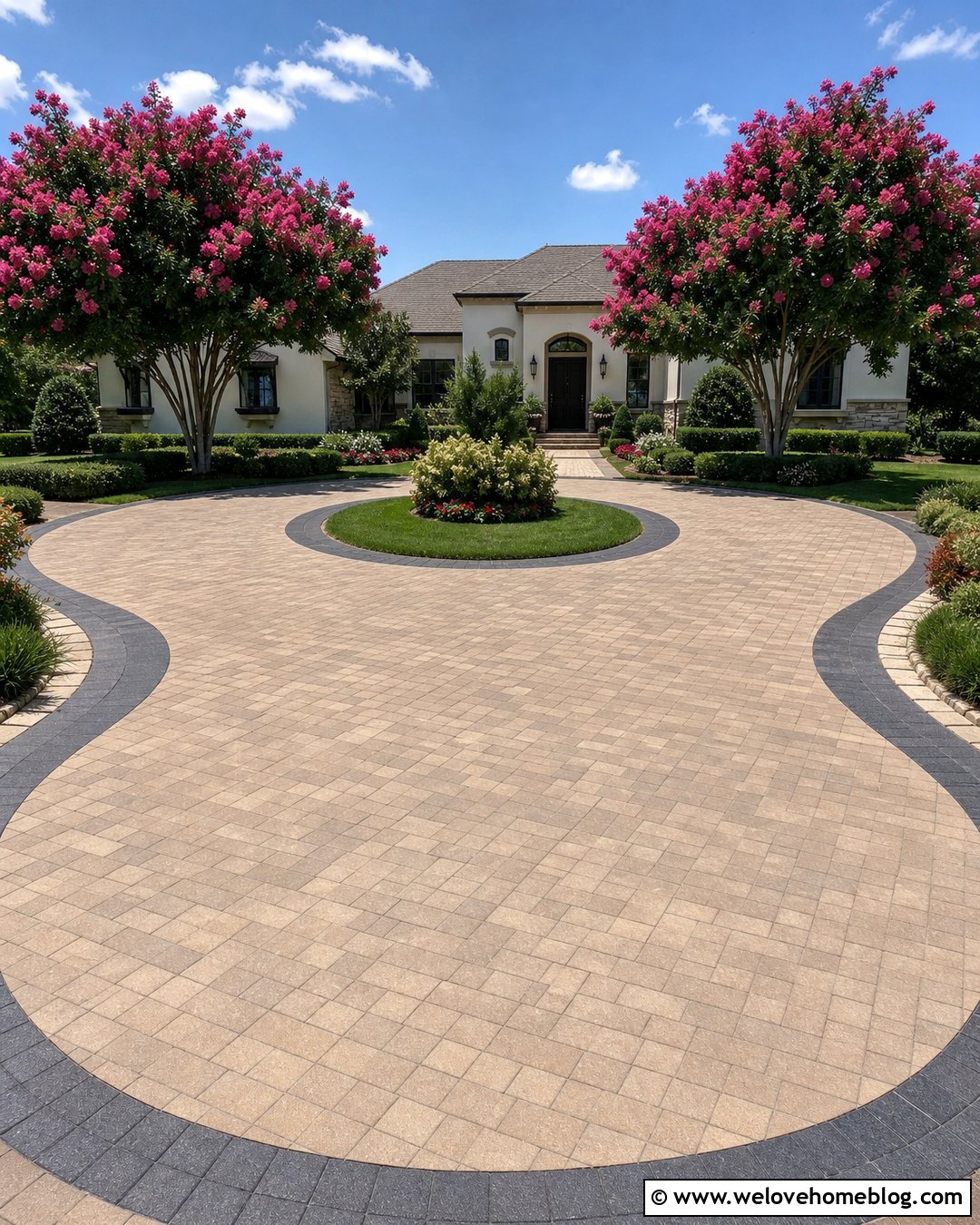 Crape Myrtle Tree Lined Circular Paver Driveway - 20 tree-lined driveway design ideas
