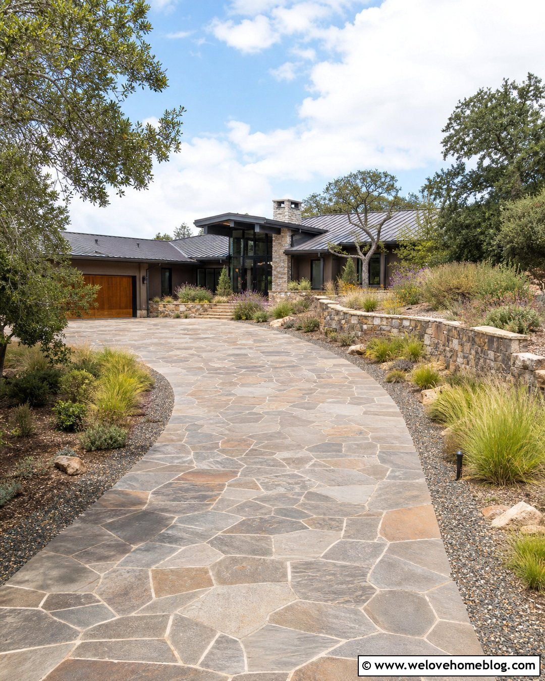 Crazy Pave Driveway With Native Landscaping