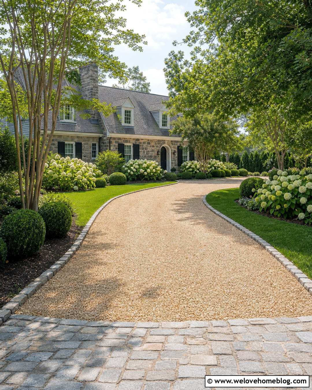 Cream Gravel Driveway With Cobblestone Edging - 20 Light Gravel Driveway Ideas