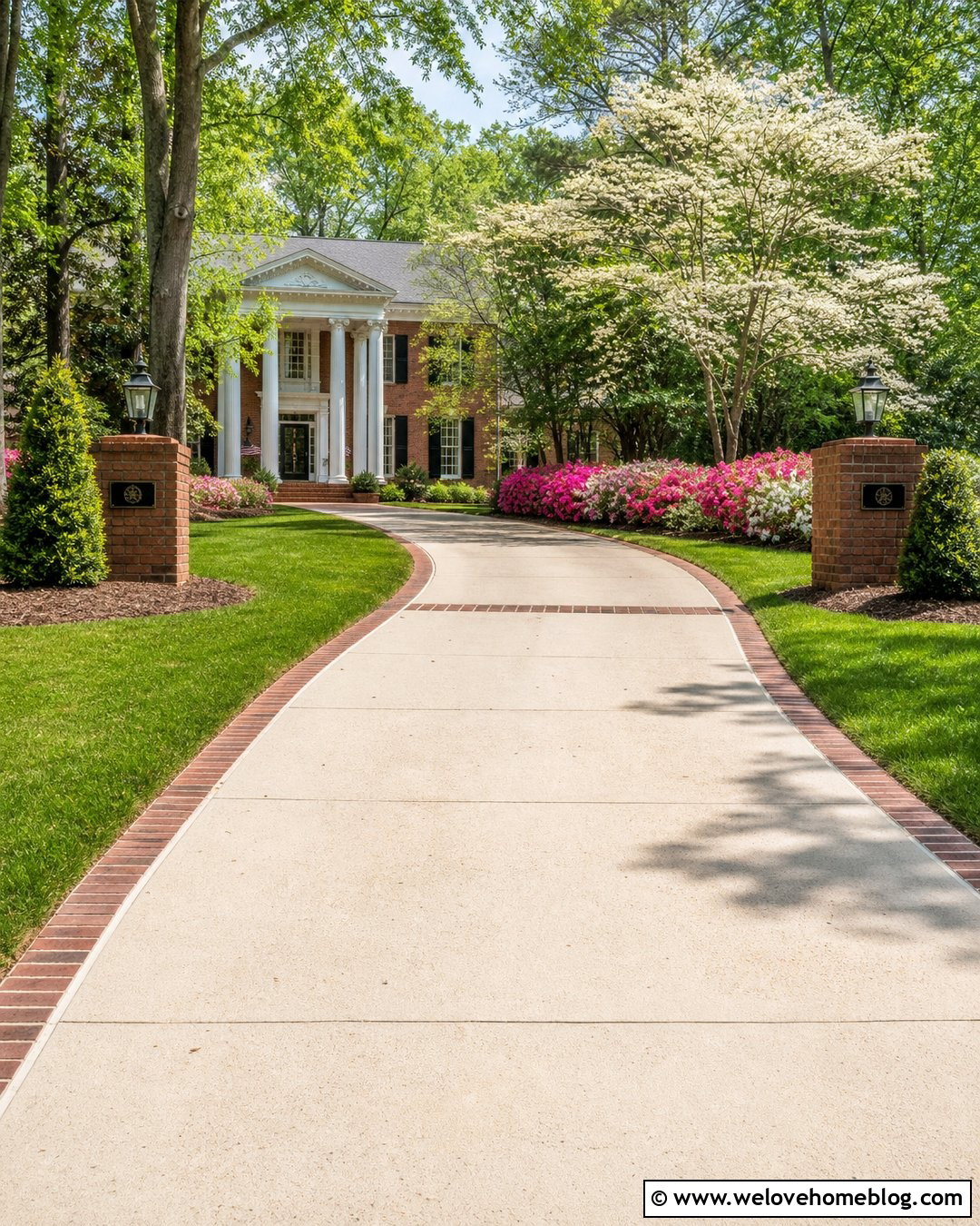 Cream Painted Concrete Driveway With Red Brick Ribbon - 25 painted driveways concrete ideas