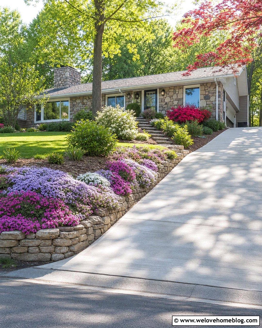Creeping Phlox Along a Sloped Concrete Driveway - 25 flowers along driveway ideas
