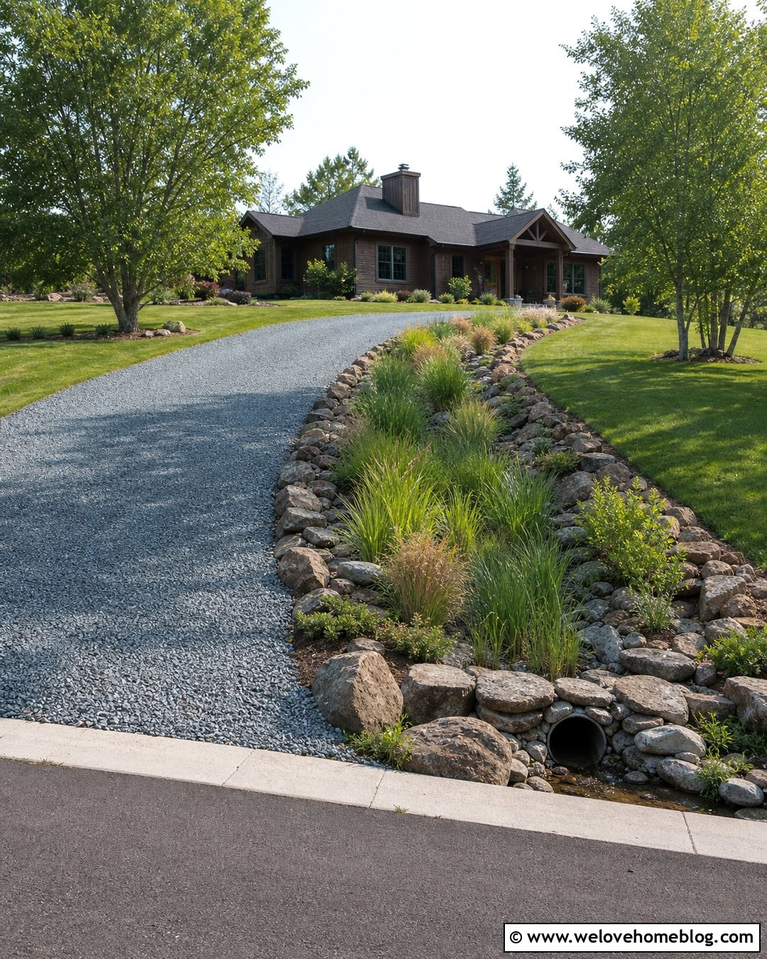 Cross Sloped Gravel Driveway With Planted Swale - 20 Steep Gravel Driveway Solutions Ideas