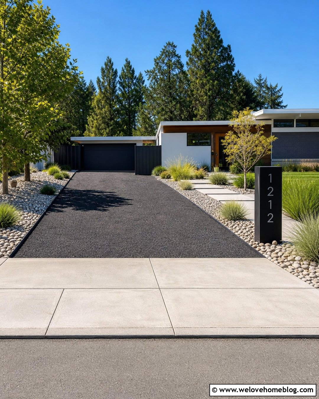 Crushed Asphalt Driveway With Modern Address Sign - 25 Crushed Asphalt Driveway Ideas