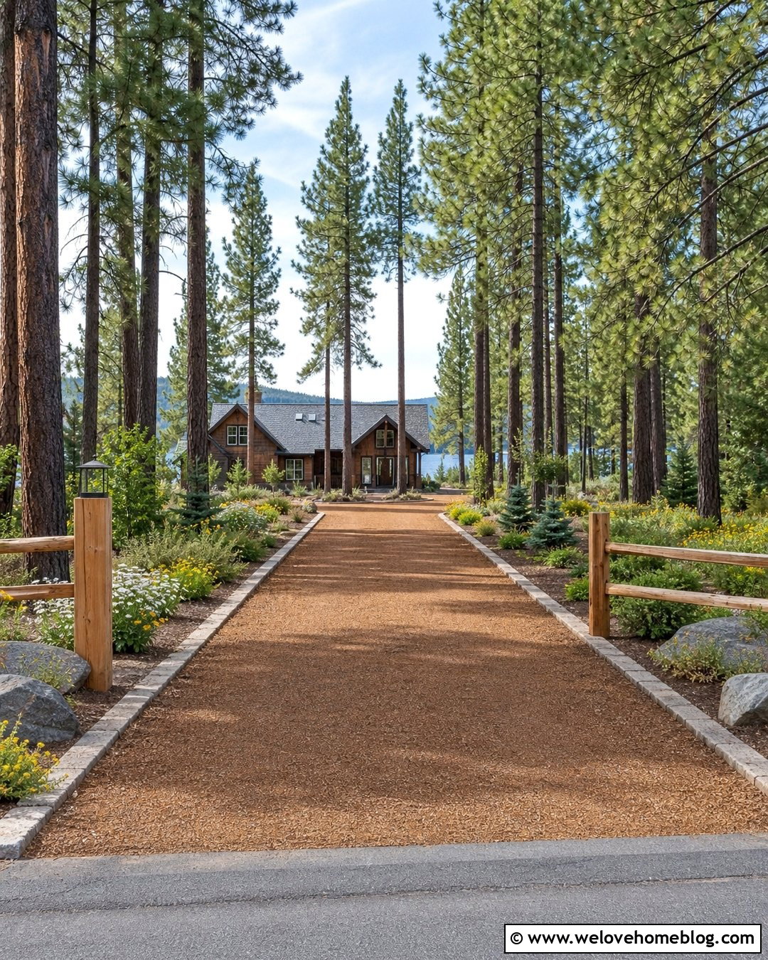 Crushed Granite Lake House Driveway Entrance With Split Rail Fence - 20 Lake House Driveway Entrance Ideas