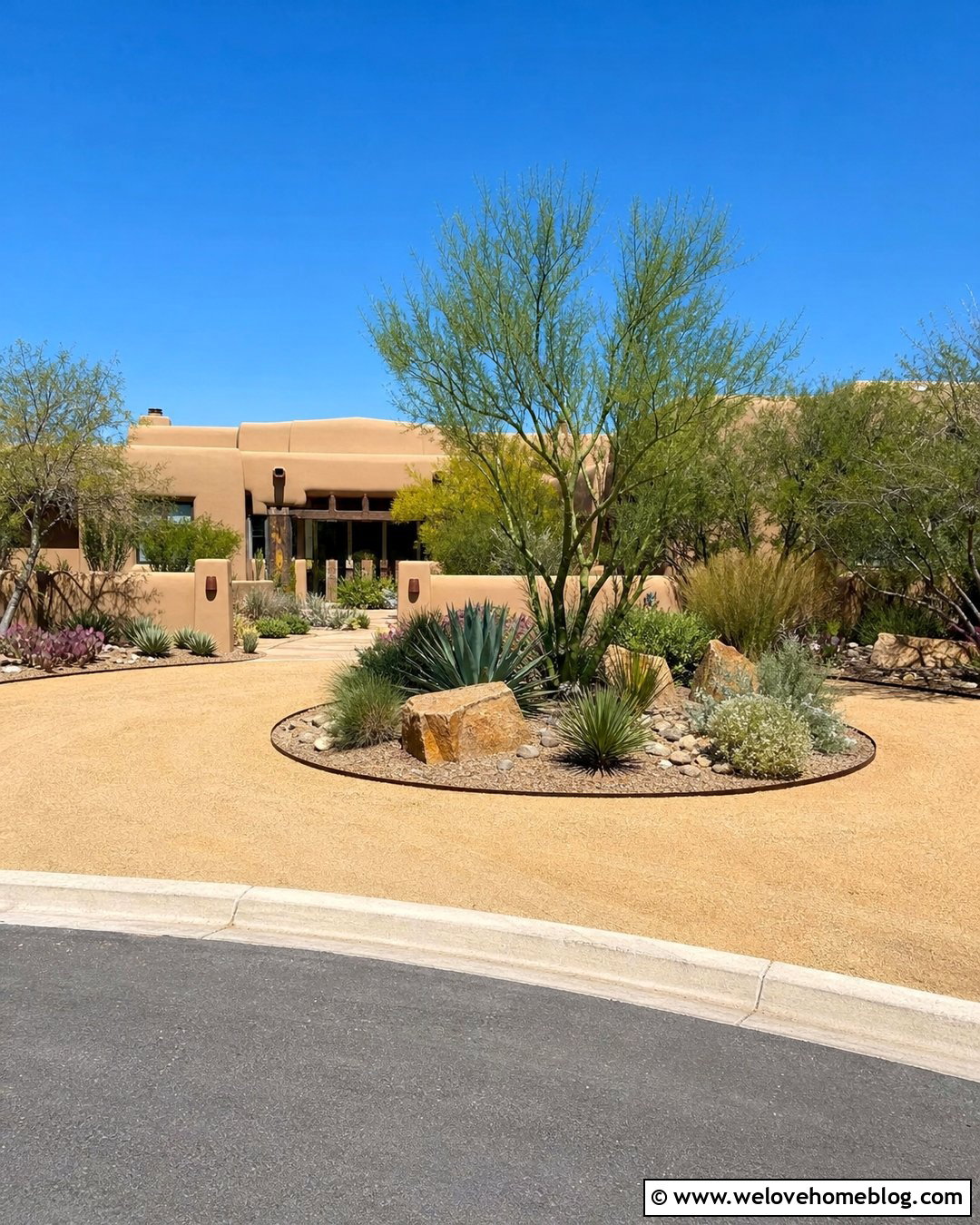 Crushed Granite Roundabout Driveway With Desert Plants - 35 Round About Driveway Ideas