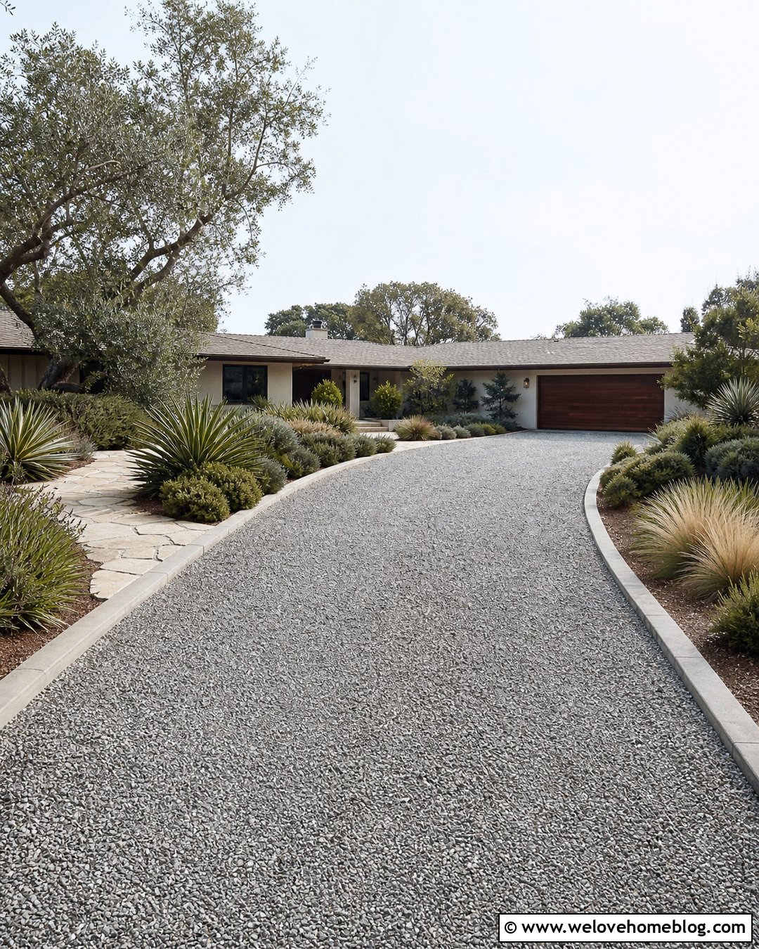 Crushed Grey Granite Driveway With Ranch Landscaping - 25 Grey Gravel Driveway Ideas