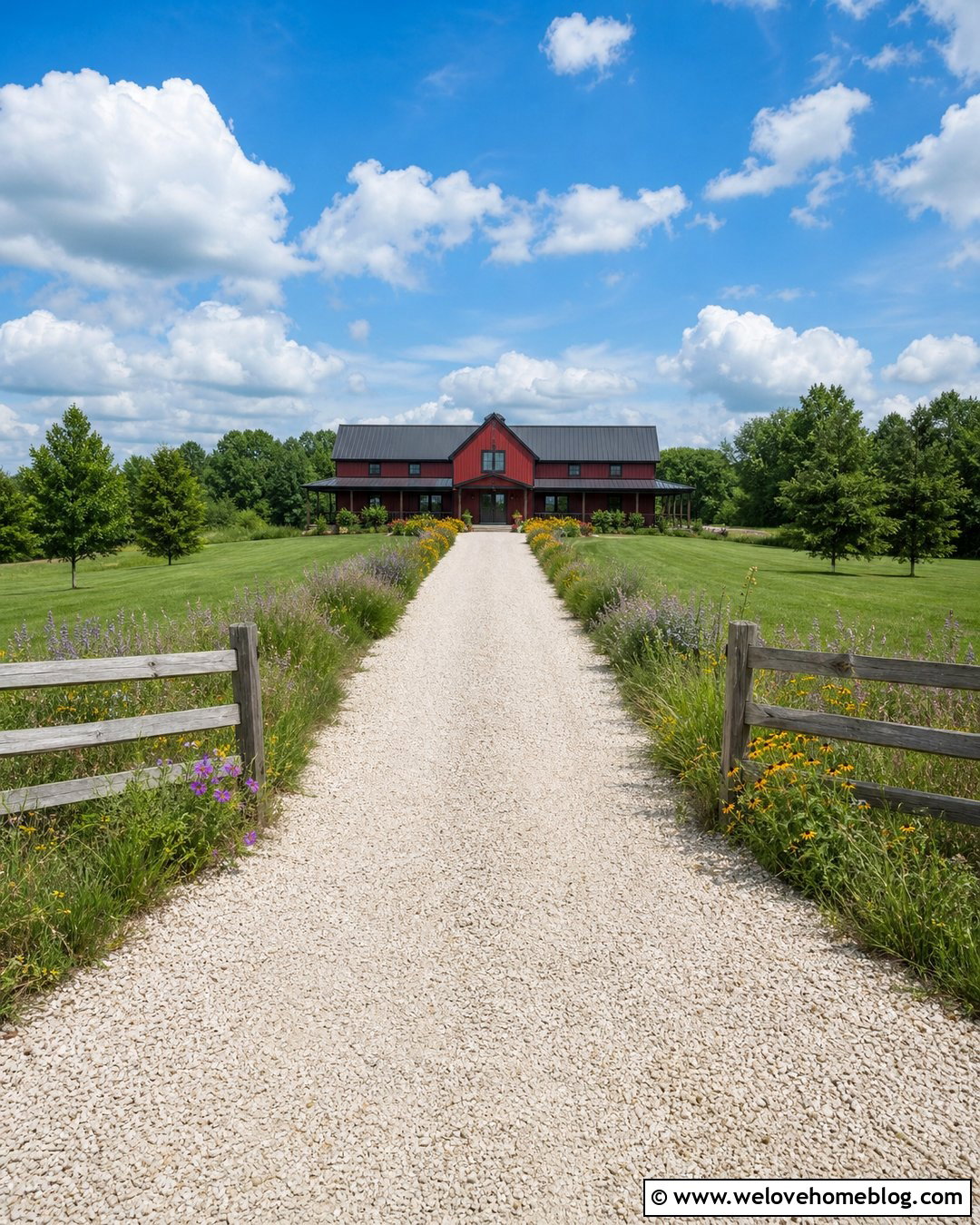 Crushed Limestone Driveway Entrance With Split Rail Fencing - 35 Driveway Entrance Landscaping Country Ideas