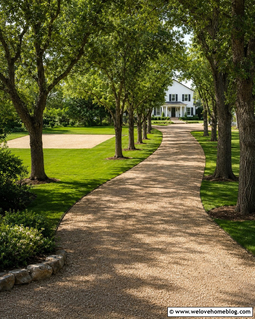 Crushed Limestone Farmhouse Long Driveway With Oak Trees - 20 Farmhouse Long Driveway Ideas