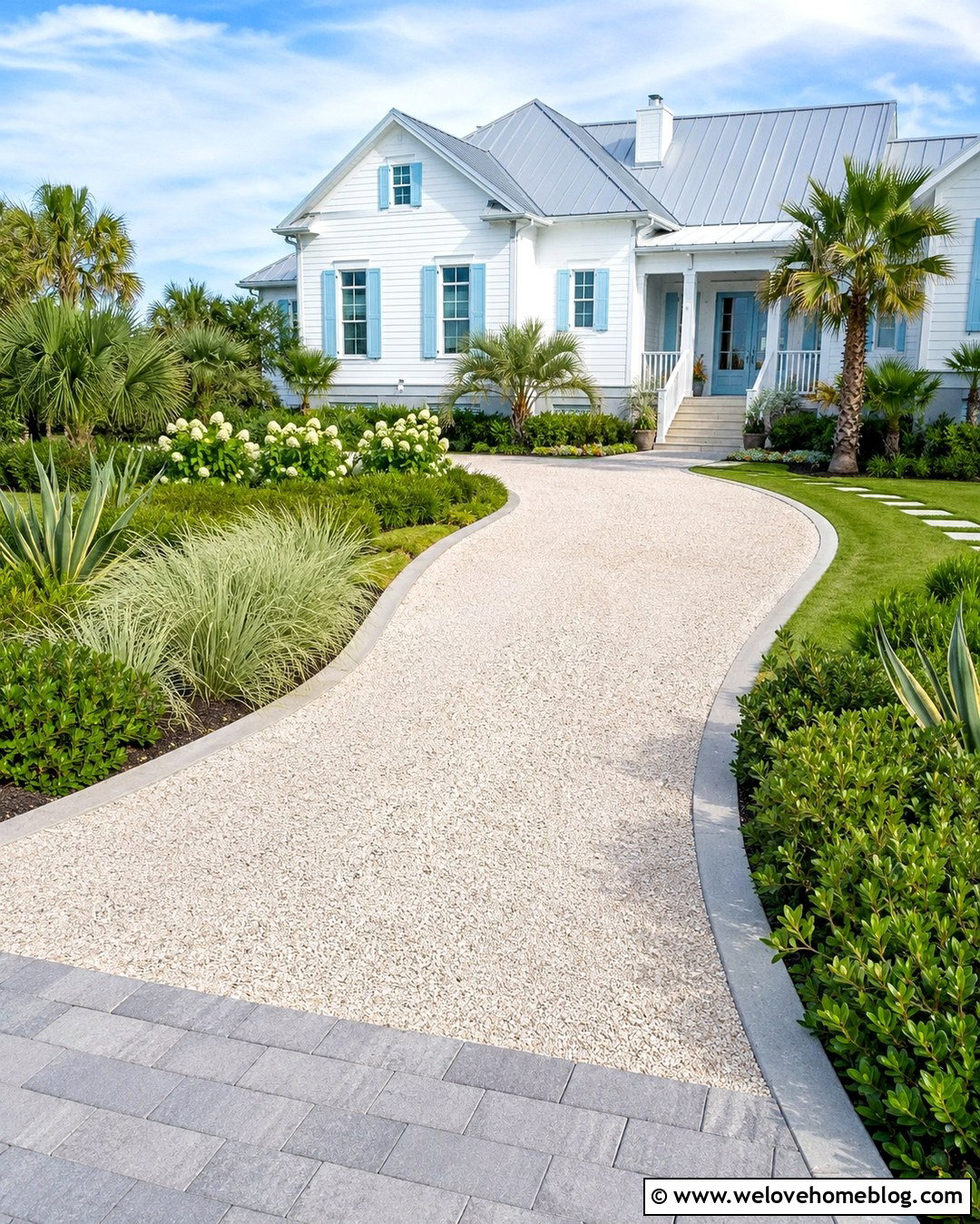Crushed Shell Driveway For A White Coastal House - 20 White House Driveway Ideas