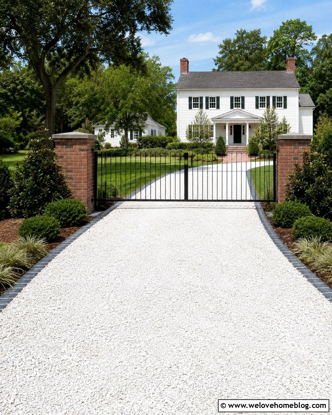 Crushed Shell Driveway With Black Metal Gate - 20 Crushed Shell Driveway Ideas
