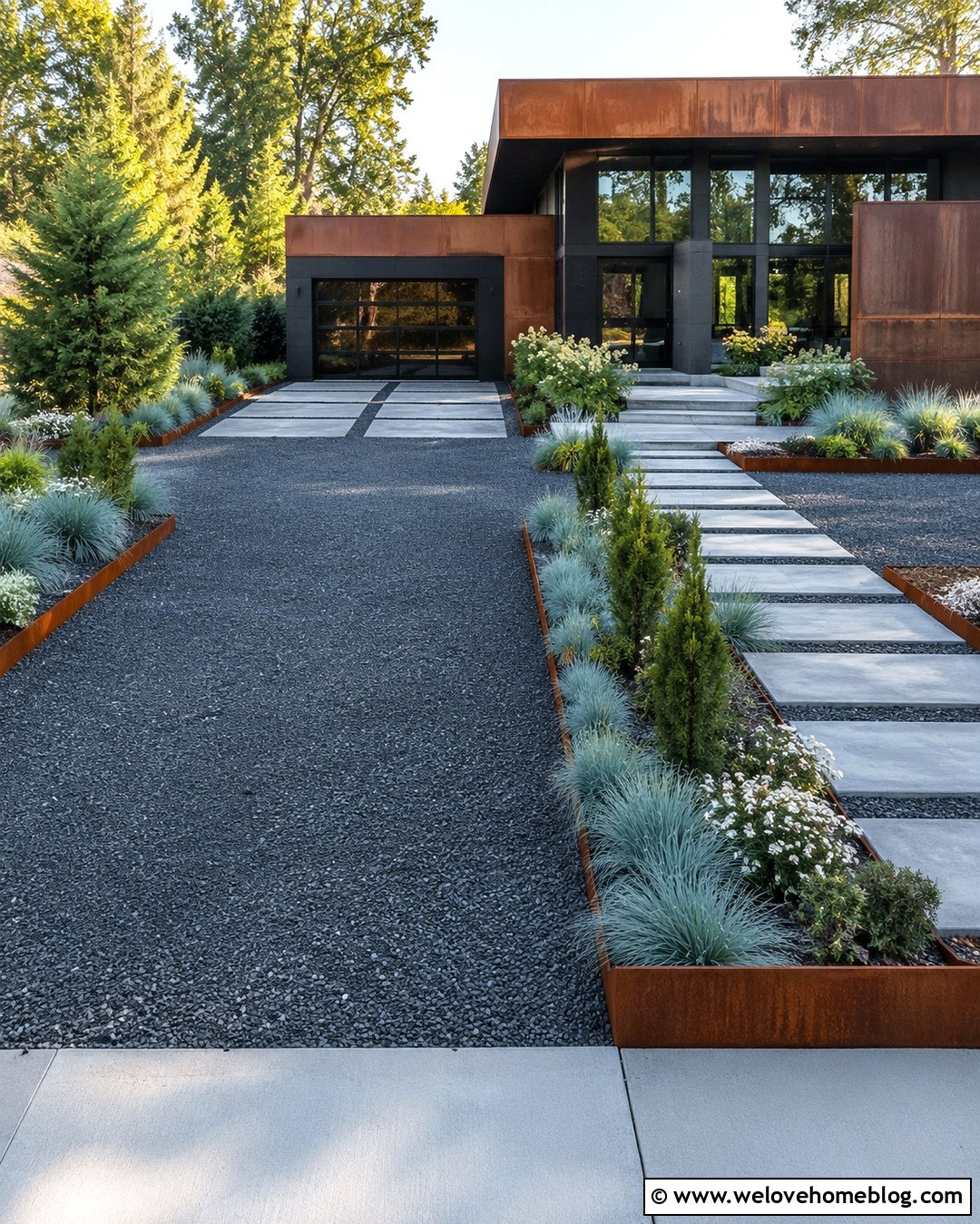 Crushed Slate Driveway With Corten Steel Edging - 20 Crushed Gravel Driveway Ideas