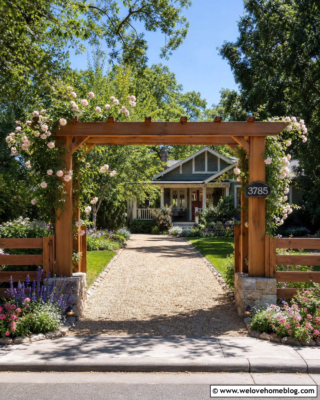 Crushed Stone Driveway Entrance With Wood Arbor - 20 Simple Driveway Entrance Ideas