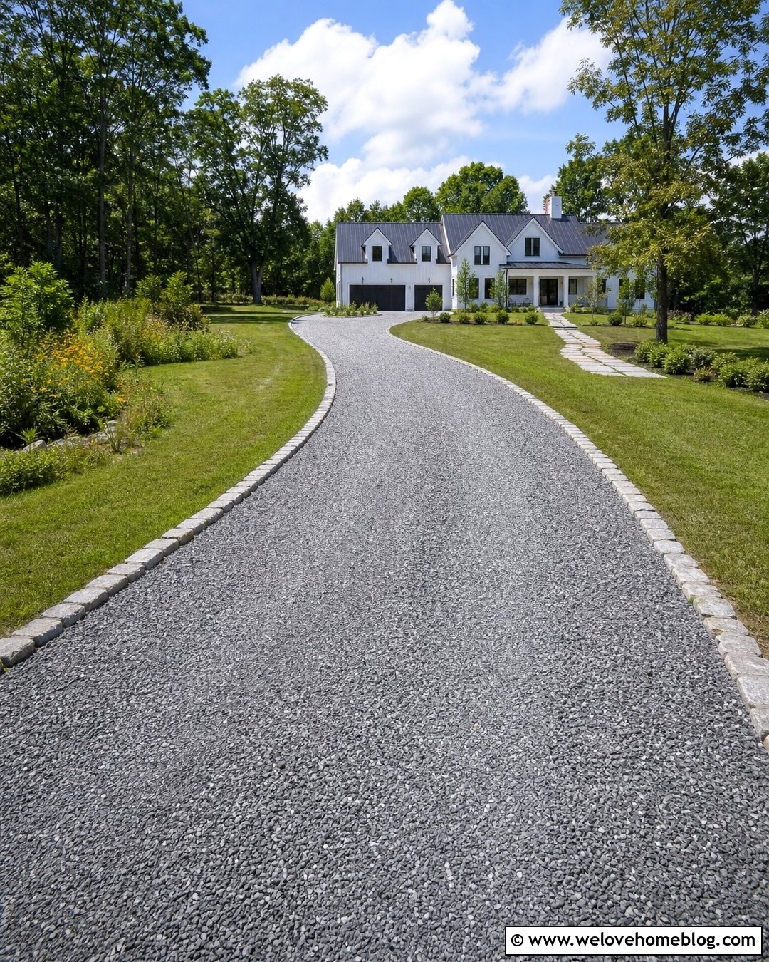 Crushed Stone Driveway With Cobblestone Edging - 20 Driveway Makeover Project Ideas
