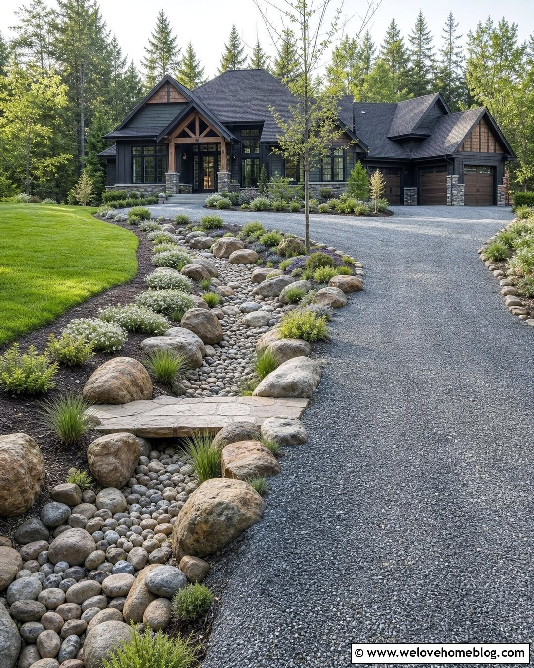 Crushed Stone Driveway With Dry Creek Drainage - 25 Natural Driveway Ideas