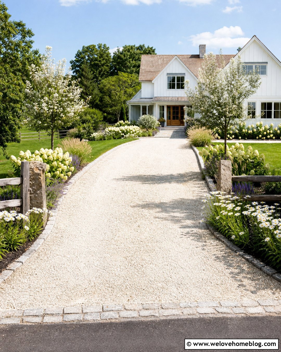 Crushed Stone Driveway With Farmhouse Garden - 20 Driveway And Garden Ideas