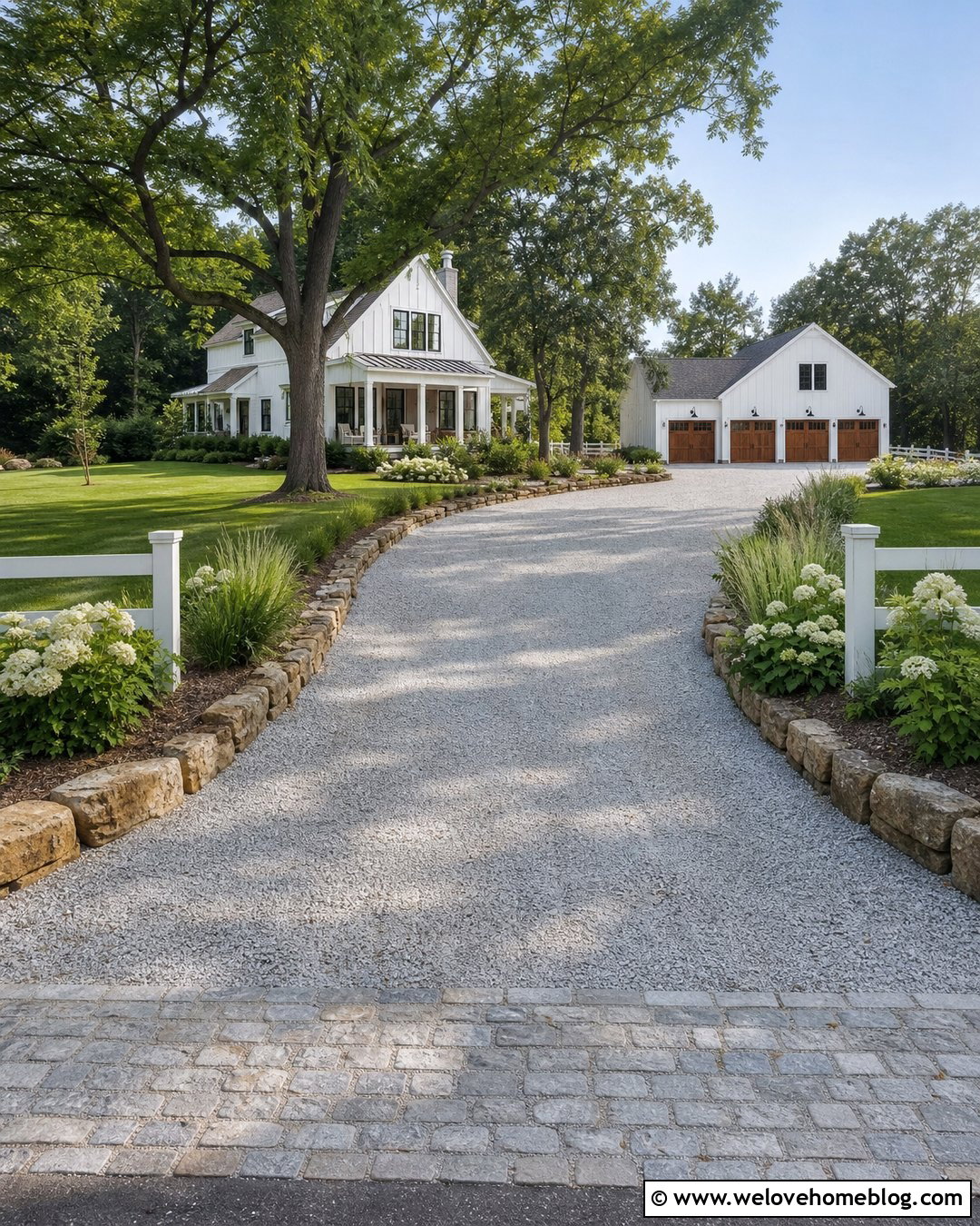 Crushed Stone Driveway With Farmhouse Landscaping - 25 Car Driveway Ideas