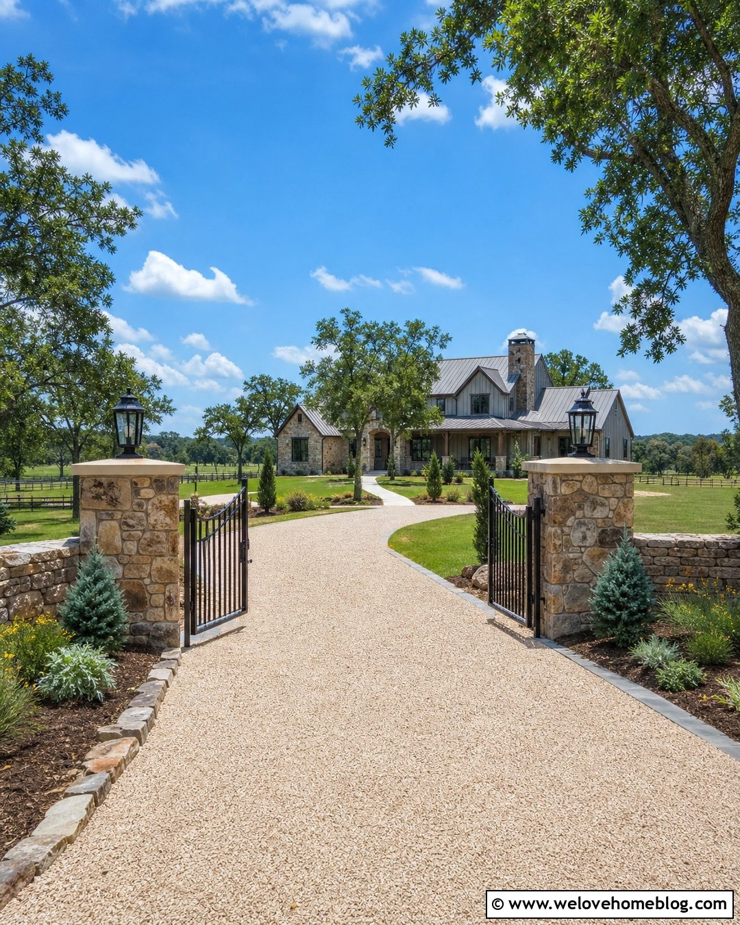 Crushed Stone Farm Entrance With Stone Pillars - 20 Farm Entrances Driveways Ideas
