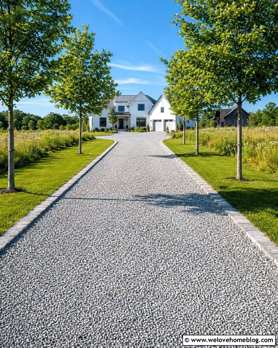 Crushed Stone Farmhouse Driveway With Tree Lined Entrance - 20 Nice Driveway Ideas